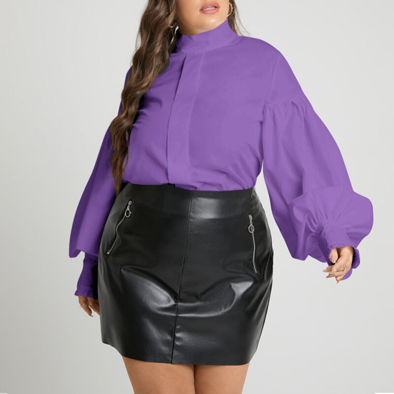 2022 Celmia Mode Vrouwen Blouses Party Stand Kraag Lantaarn Mouwen Casual Loose Tuniek Solid Streetwear Plus Size Tops