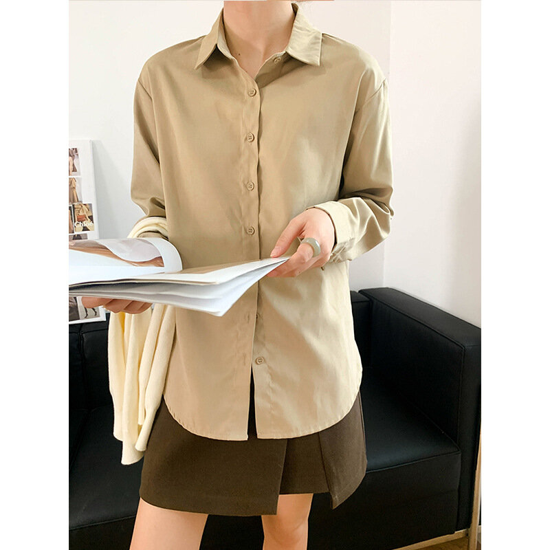2021 Autumn Winter Lapel Shirt Women's Solid Color Long Sleeve Chic Loose Oblique Button College Style Thick Blouse Top 8812.