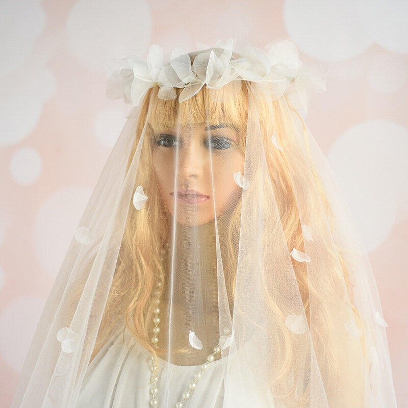 NiuShuya 1.5X2M Satu Lapisan Panjang Mesh Kerudung Pernikahan Romantis Kelopak Bunga Appliques Headpiece Panjang Peri Pengantin rambut Kerudung