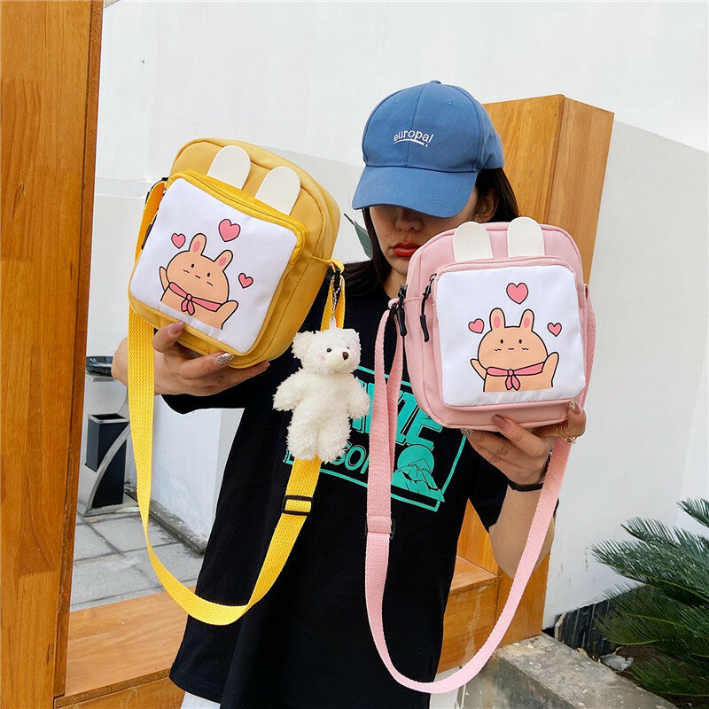 Hot Women Canvas Zipper Bag Cartoom Color matching Student Tote Shoulder Messenger Bag Small Crossbody Travel Purse and Handbag