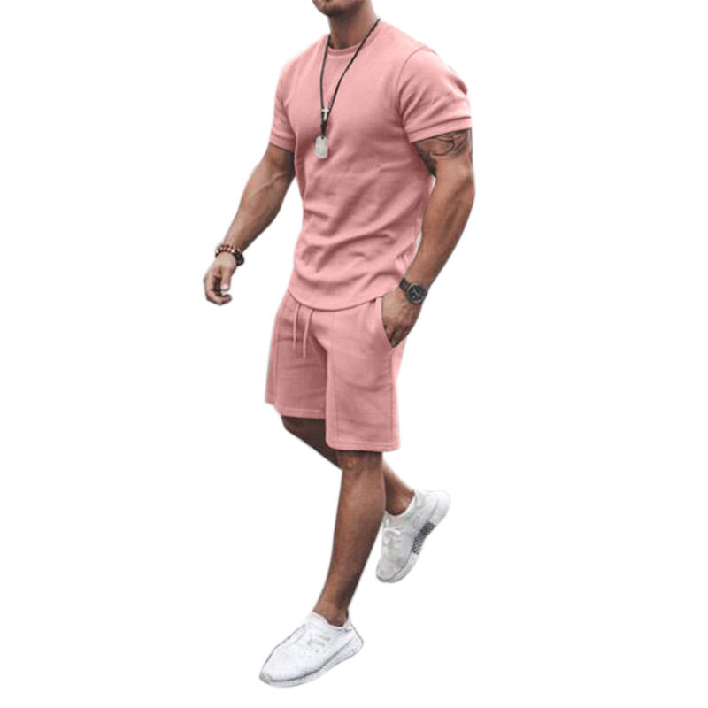 Pantalones cortos de Fitness para hombre, camiseta de manga corta de verano, conjunto de 2 piezas, traje deportivo informal de cuello redondo de tendencia holgada, M---5XL XL