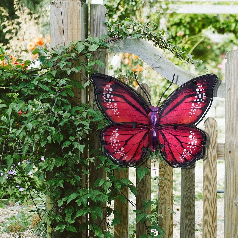 Arte de parede borboleta de metal vermelho, para casa e jardim, decoração exterior, miniaturas, animal, estátuas e esculturas para quintal