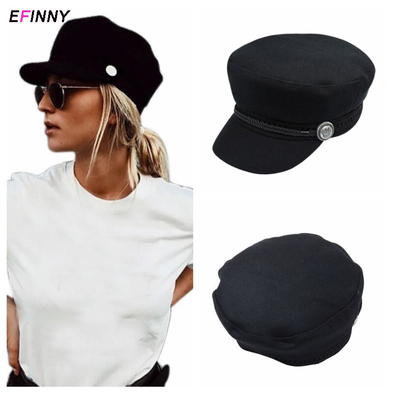 Chapéu preto da moda, chapéu de inverno de lã, chapéu feminino com botões, gorro casual de corda, chapéu plano para mulheres