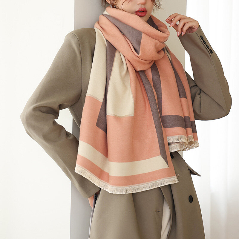 가을 190X65CM Tassels 비치 타월 인기있는 색상 일치 인쇄 스카프 여성 양면 Bandanna 겨울 두꺼운 캐시미어 Shawls