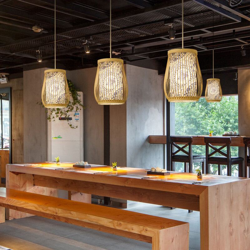Lámpara colgante de bambú de chino para sala de estar, retro, mimbre, para hotel, restaurante, decoración