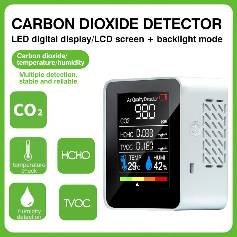 Medidor de CO2 5 en 1, Sensor Digital de temperatura y humedad, TVOC, HCHO, Detector de CO2, Monitor de calidad del aire para interiores y exteriores