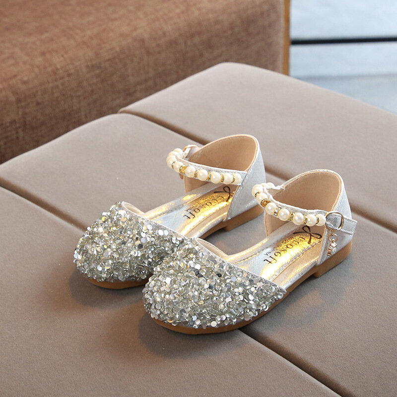 春の新子供の革の靴の王女フラットヒールパーティーの靴のファッションブリンブリンためのサイズ21-36
