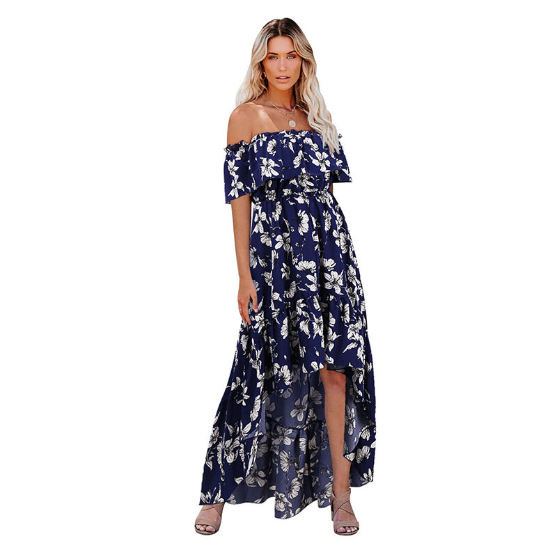 2021 spring and summer new European and American women's fashion pure short sleeve off shoulder floral dress long dress