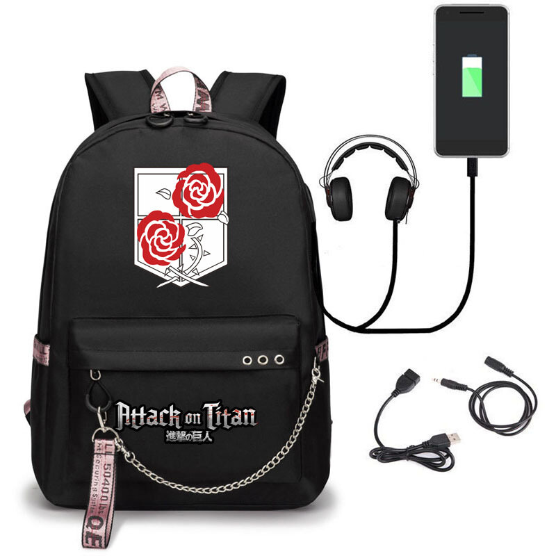 男性と女性のためのバックパック,学校のためのUSB充電付きのタイタン攻撃バッグ