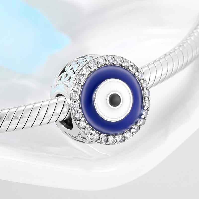 Real 925 Sterling Silver Inlaid Zircon Like Evil Blue Eye Round Charm Beads Jewelry making Fit Original Pandora Charms Bracelet