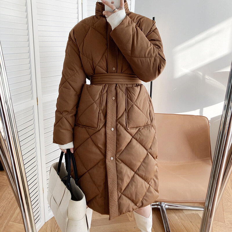 2021 شتاء جديد الكورية نمط طويل القطن معطف مبطّن المرأة عادية الوقوف طوق نمط Argyle المتضخم سترة سترة أنيقة