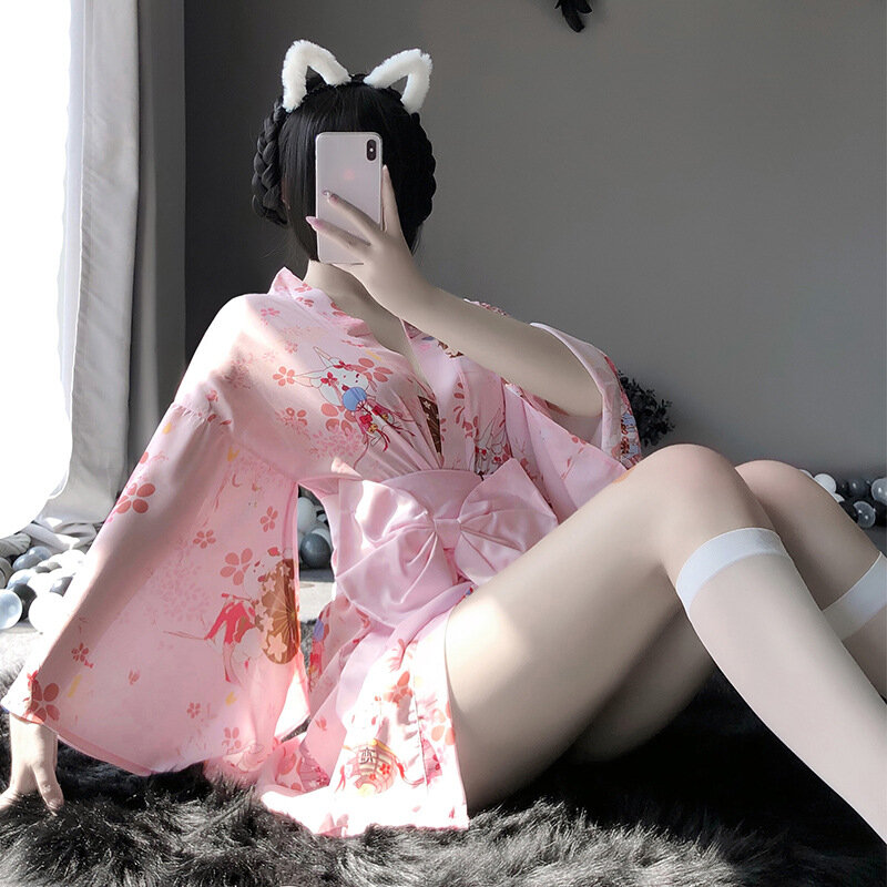 Для женщин Эротическое белье сексуальное японское кимоно любовь кроличье кимоно Банный халат, ночная рубашка, соблазнительная униформа,