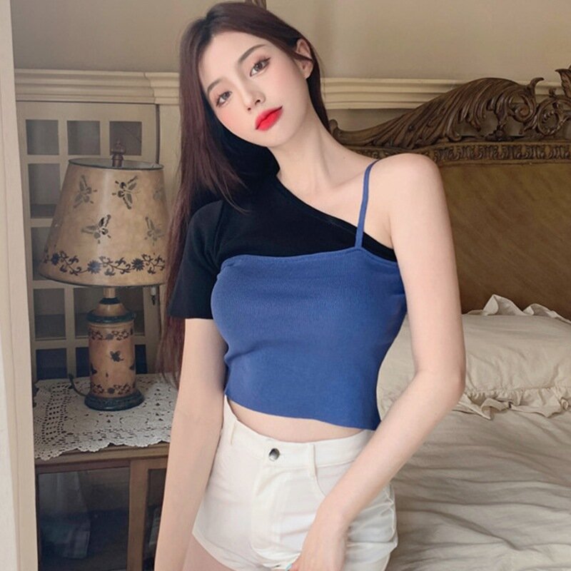불규칙한 독특한 스타일 여성 티셔츠 컬러 섹시한 다목적 니트 반팔 티셔츠 탑스, 한국 패션 여름 의류 2021