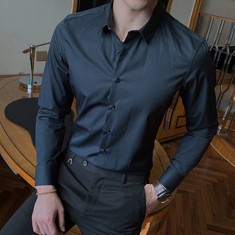 2021 camiseta de cor sólida masculina manga longa magro ajuste camisa preto branco superior novo