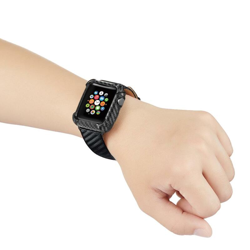 Boîtier en fibre de carbone PC + Bracelet en cuir véritable pour montre Apple 4 5 44mm 40mm Bracelet de cadre de protection pour accessoires iwatch