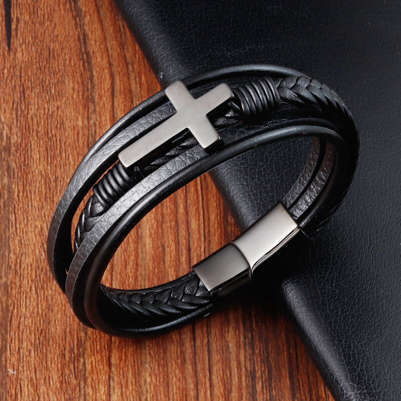 Classic Design Cross Bracelets Men Genuine Leather Stainless Steel Magnet Clasp Charms Hand Bracelet Homme Men's Christmas Gifts