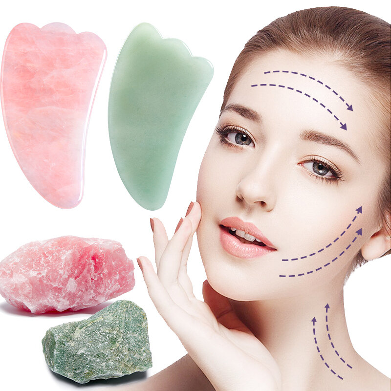 Masajeador facial con piedra Natural de cuarzo rosa y Jade, herramienta adelgazante para el cuidado de la belleza, eliminación de arrugas en la barbilla