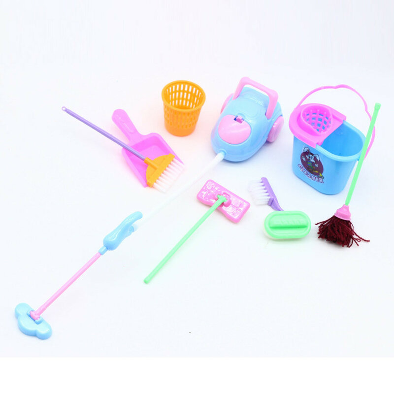 Mini muñecas de juego de simulación, mopa, escoba, Kit de limpieza para juguetes bonitos para niños, Kit de herramientas para muebles, casa de muñecas, juguetes de limpieza