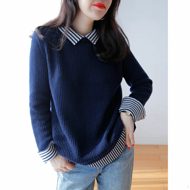 Suéter de punto de lana para mujer, camisa de empalme falsa de dos piezas, moda japonesa informal, otoño e invierno, novedad