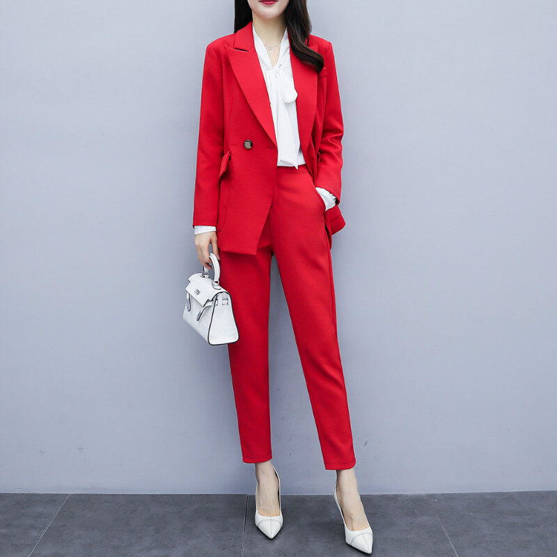 Casual High Quality Women's Suits Pants Suit Autumn New Slim Red Ladies Red Jacket Small Suit Female Large Size Slim Trousers