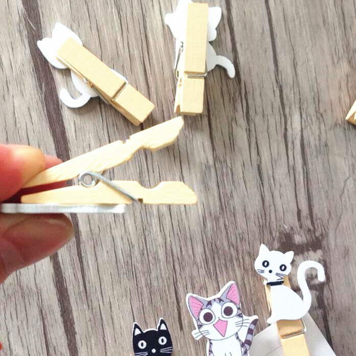 Clips de papel de madera de gato Kawaii, 10 piezas, con cuerda de cáñamo, foto, imagen colgante, decoración, suministros de Oficina