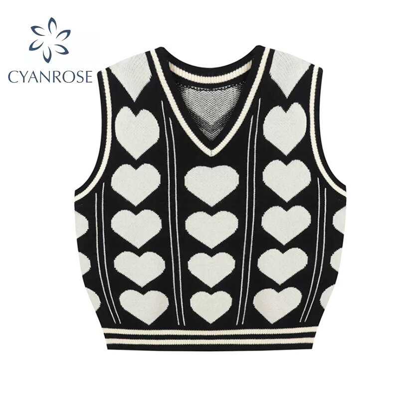 Gilet tricoté sans manches pour femme, pull Vintage, col en v, imprimé en forme de cœur, hauts de Style coréen, nouvelle mode automne