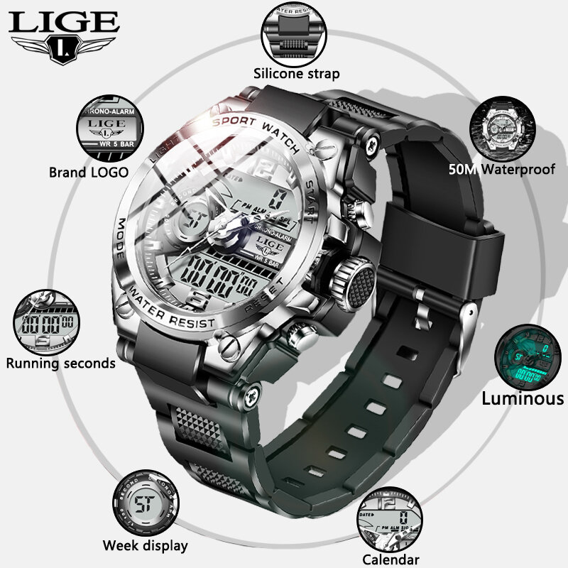 Часы наручные LIGE Мужские Цифровые, спортивные водонепроницаемые с будильником, кварцевые электронные с двойным дисплеем, 50 м, для дайвинга, ...