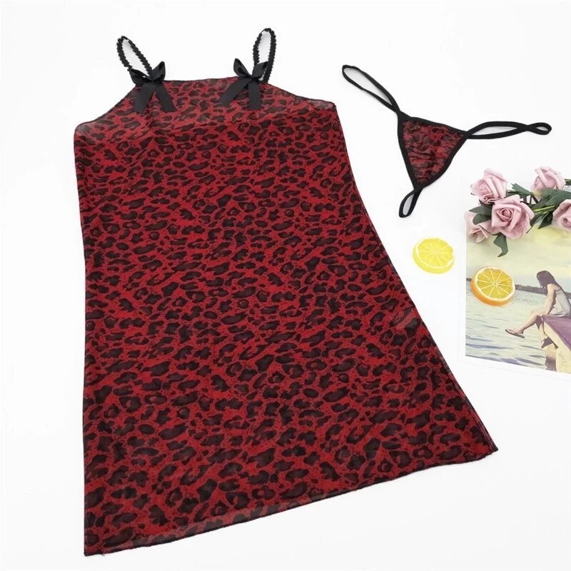 Sexy Lingerie Leopard Lace Sling Nightdress Women Nightwear Spaghetti Strap Nightgowns Sleeveless Sleepwear Nighties Homewear