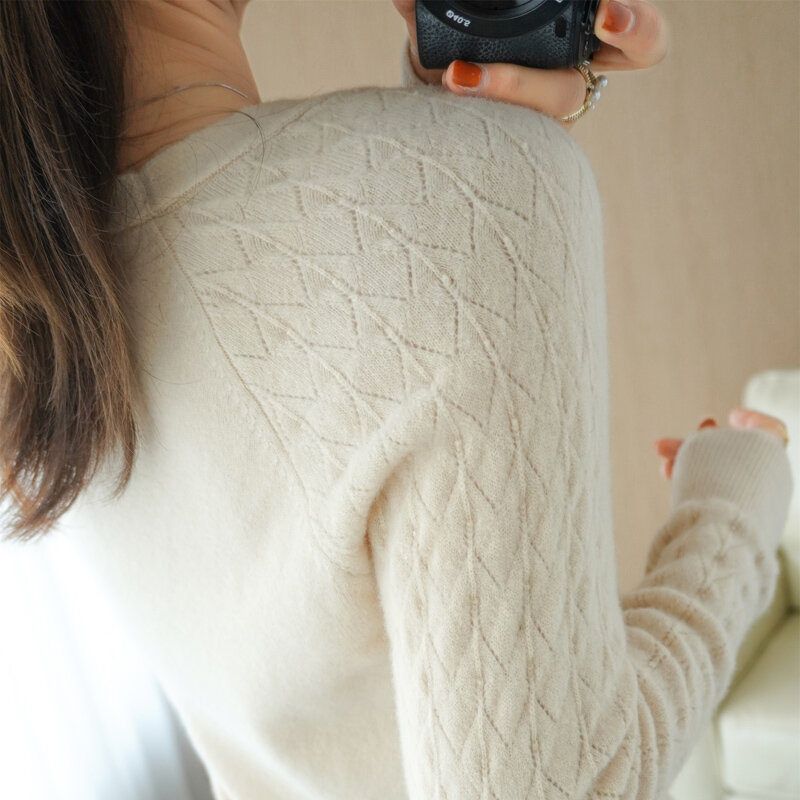 Suéter de lana con cuello en V para mujer, Jersey corto de tejido de manga larga con agujeros, Color sólido, fino, otoño e invierno, novedad