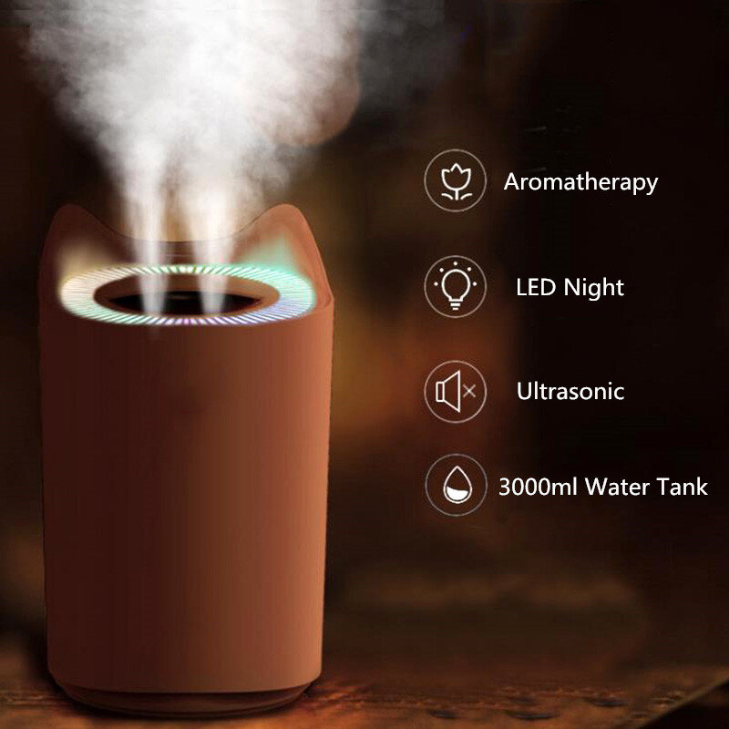 3000ml 듀얼 미스트 가습기 가정용 초음파 USB 미스트 메이커 다채로운 야간 램프 미니 오피스 데스크탑 공기 청정기