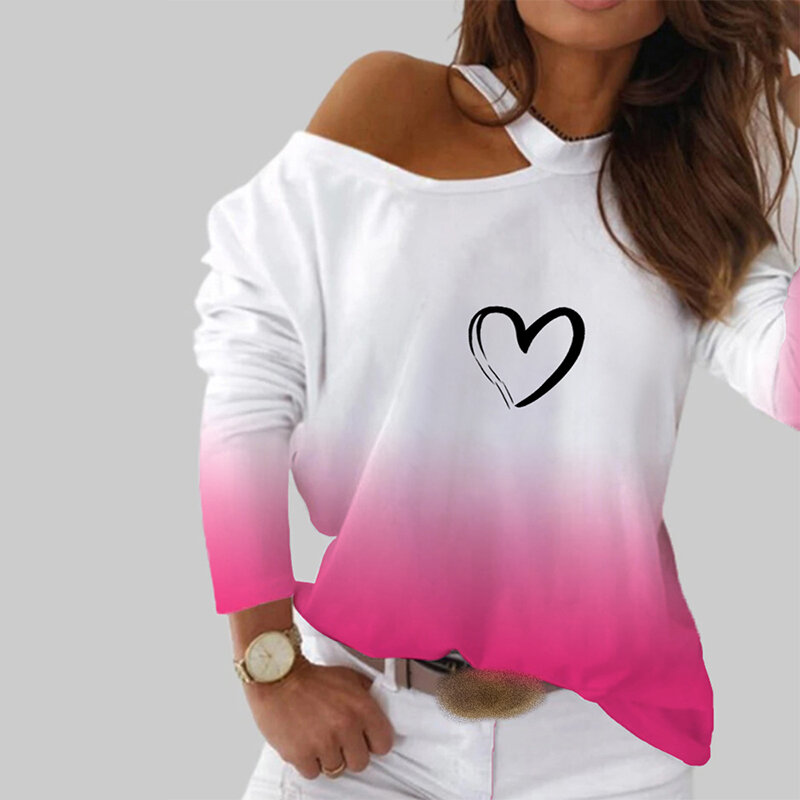 T-shirt manches longues pour femmes, 2021, mode printemps, impression colorée, cœur, épaules dénudées, teinture par nouage, chemisier féminin