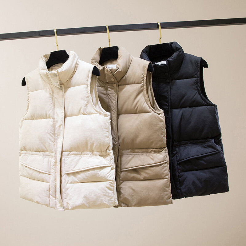 Colete feminino de algodão acolchoado, jaqueta curta de inverno sem mangas com zíper gola alta, casacos casuais