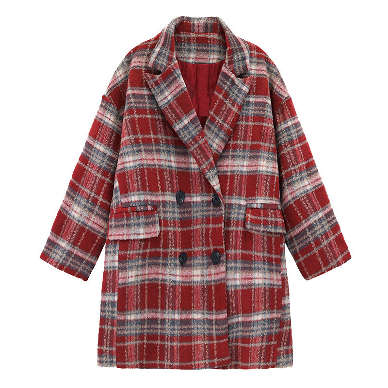 Abrigo de lana a cuadros para mujer, abrigo de longitud media, holgado, de estilo coreano, pequeño y grueso, otoño e invierno, 2021