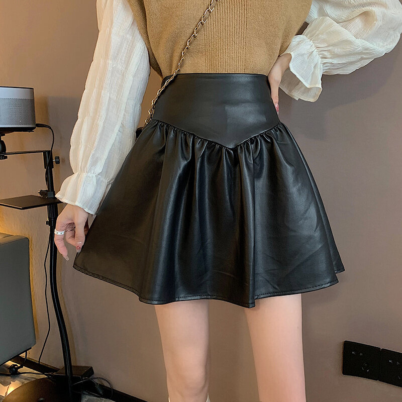 Falda de cuero sintético para mujer, falda de estilo coreano versátil, de cintura alta, media falda de empalme fino, Falda corta de paraguas, línea A, 2021