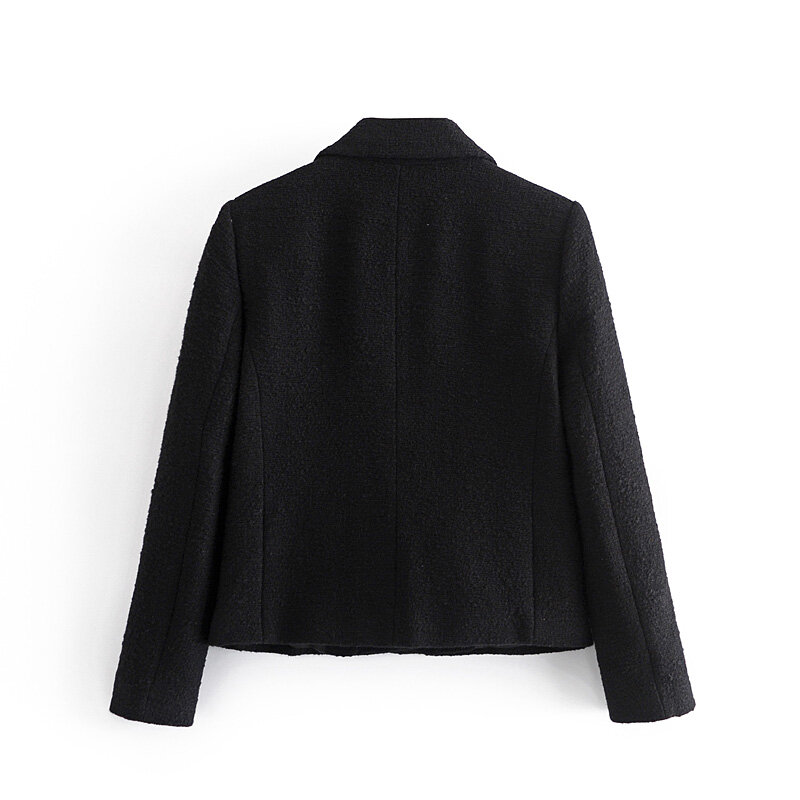 Chaqueta negra Vintage con cuello vuelto para mujer, abrigo elegante de manga larga con bolsillos, estilo escolar, 2022