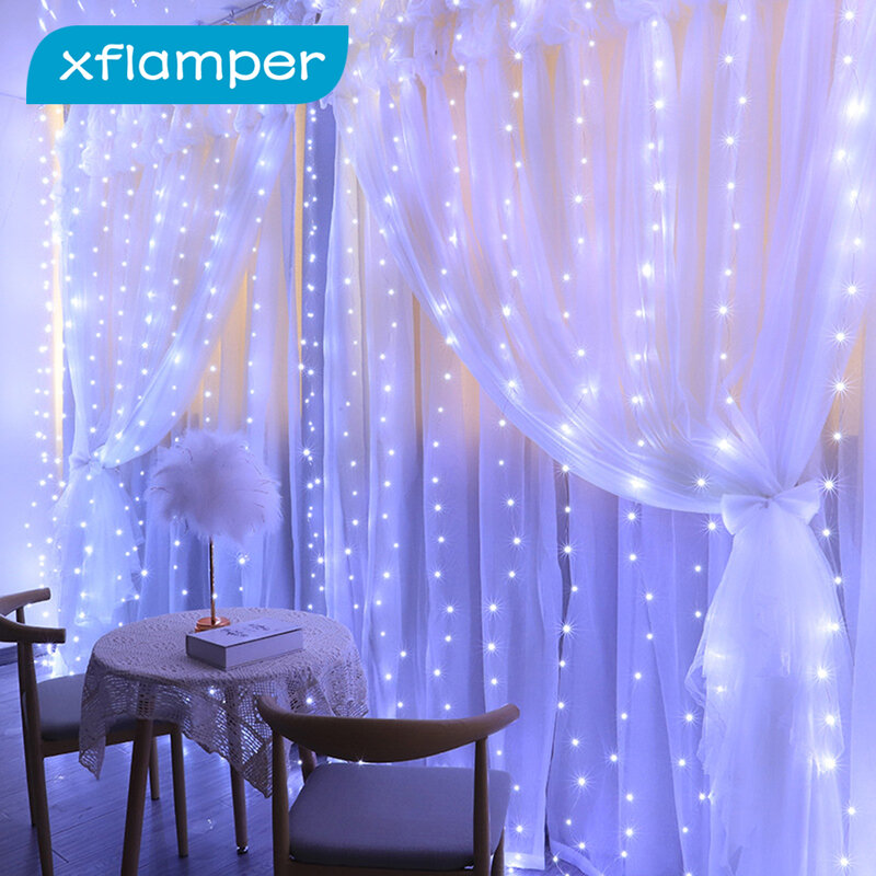 Xflamper led guirlanda cortina de luz com 8 modos iluminação cooper luzes de fadas cortina com pátio interior casa decorações festa