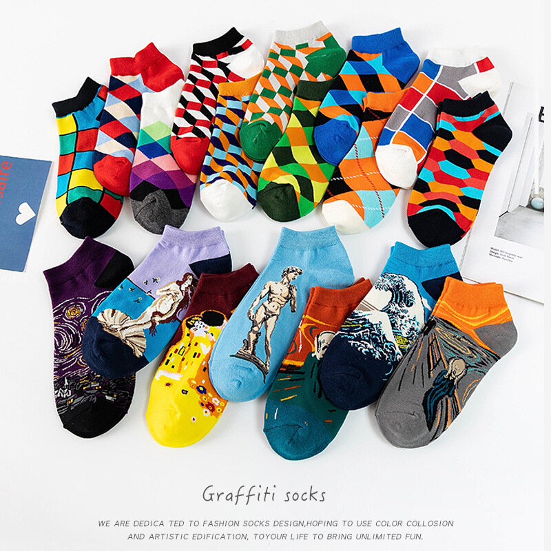 Calcetines clásicos de algodón para hombre y mujer, calcetín estilo Harajuku, fruta, aguacate, rombos, pintura al óleo, Color corto, 1 par