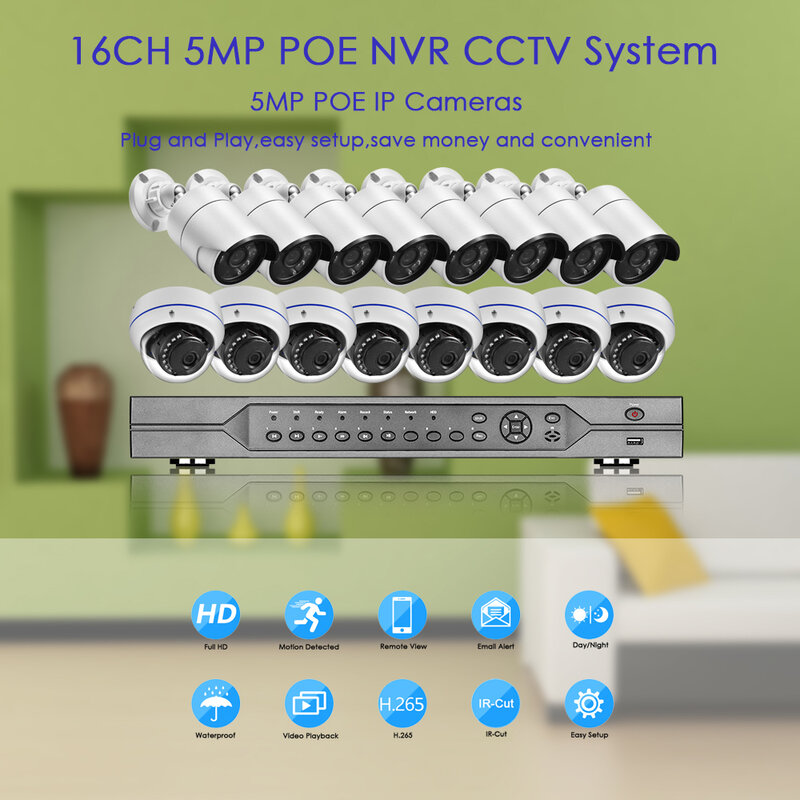 Gadinan 5MP Keamanan POE IP Kamera Deteksi Wajah H.265 16CH 4K POE CCTV Set NVR Kit Luar Ruangan Tahan Air Sistem Pengawasan