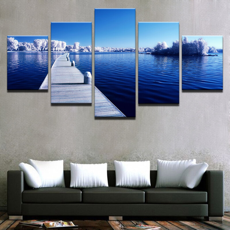 Lienzo para decoración de pared imágenes artísticas, 5 piezas, árboles de nieve, bosque, puente largo, pintura, sala de estar, impresiones de alta definición, Océano Azul, póster de Lago