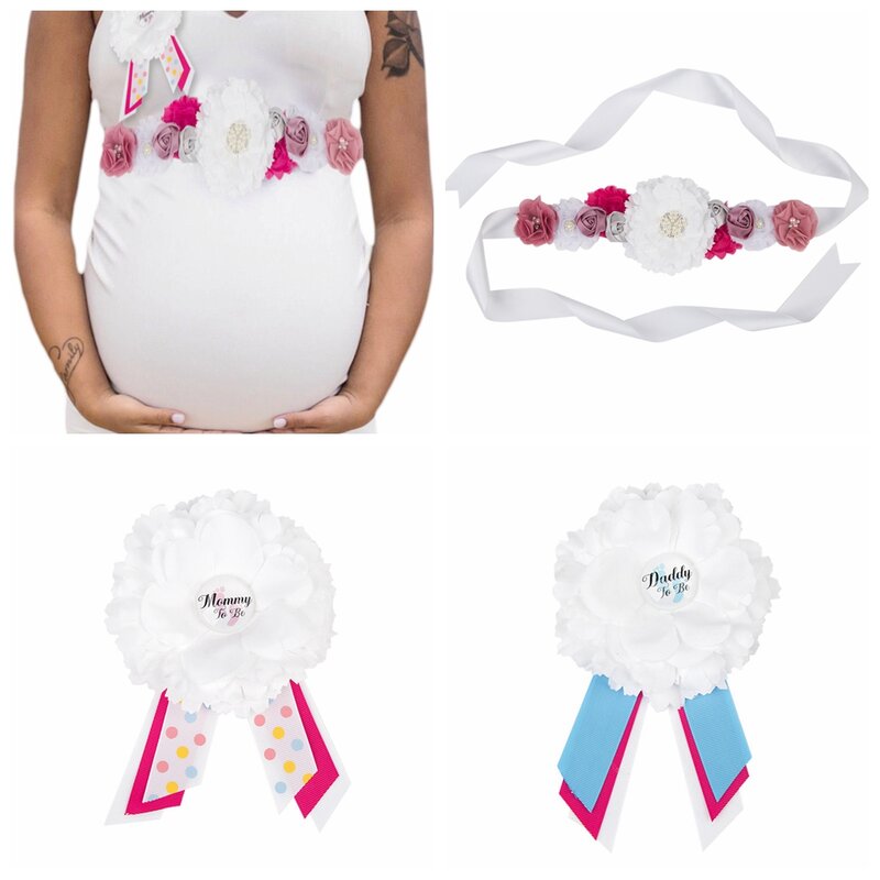 New 3pcs/set Fashion Women White Flower Sash Belt Maternity Floral Waistband with Badge Wedding Bridal Sash Belt