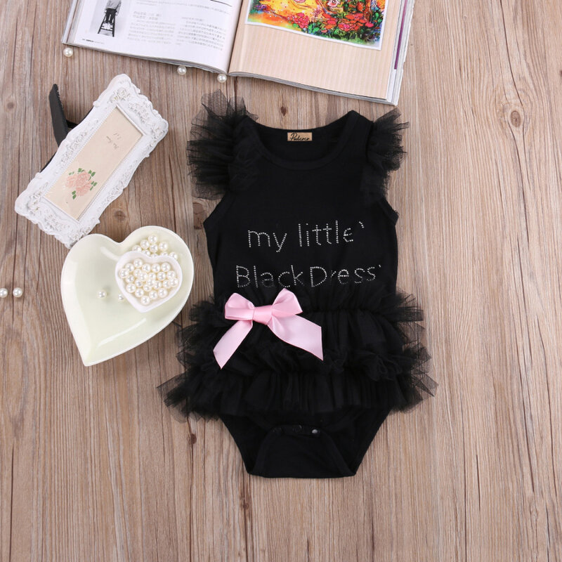 Hot Bebê Recém-nascido Bodysuits Meninas Rendas Moda Bordado My Little Black Dress Carta Bodysuit infantil