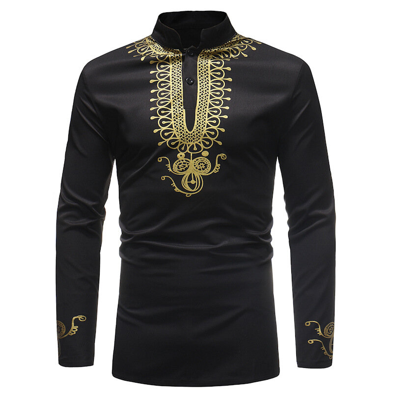 LUCLESAM – t-shirt à manches longues et col montant pour homme, Style ethnique africain, Dashiki d'automne rétro, avec impression bronzante