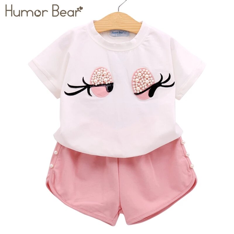 Humor Bear – Ensemble de vêtements pour fille, 2 pièces, T-shirt avec jupe ou short, motif perles et longs cils, tenue pour enfant, costume