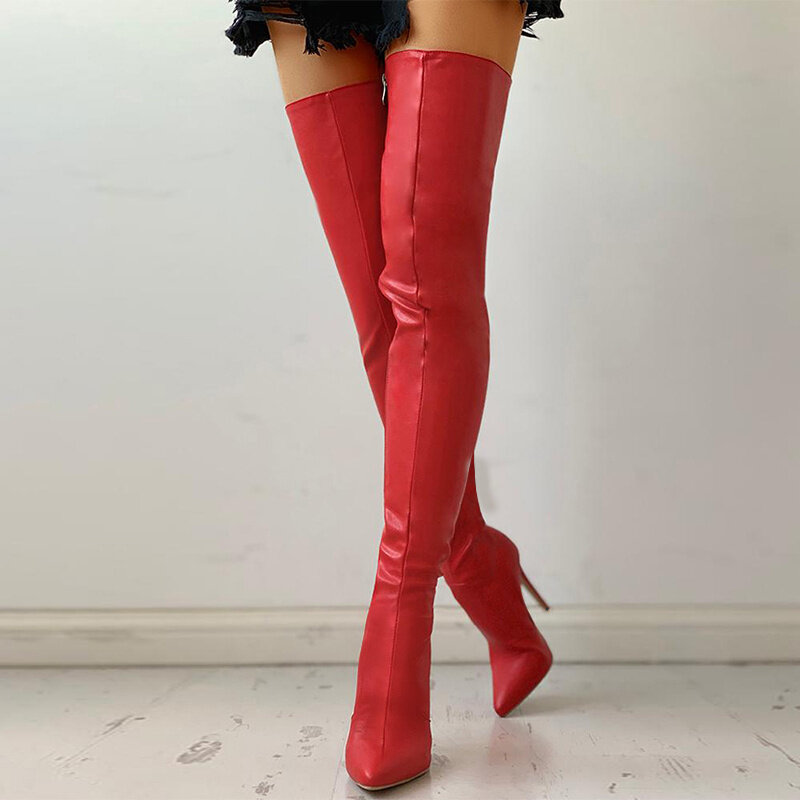 여성 겨울 신발 2022 새로운 부츠 기본 무릎 슈퍼 높은 얇은 발 뒤꿈치 지적 발가락 섹시한 캐주얼 우편 봉제 레이디 부츠