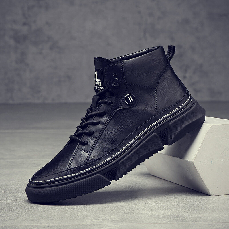 Mode Sneakers Flats Rijden Schoenen Voor Mannen Nieuw Merk High-Top Kwaliteit Alle Zwarte Mannen Lederen Casual Flats schoenen T3-42