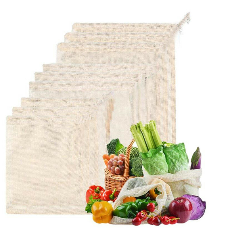 Saco de armazenamento de vegetais de malha reusável do saco de compras do produto vegetal da malha do algodão orgânico sacola de frutas da cozinha com cordão