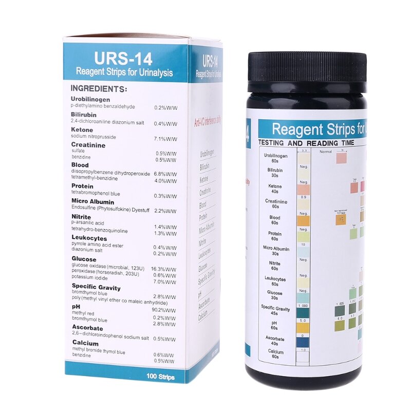 URS-14 100 tiras de papel de prueba de reactivo de urinálisis, tiras de prueba de orina de 14 parámetros, leucocitos, nitrito, urobilinógeno, proteína, pH