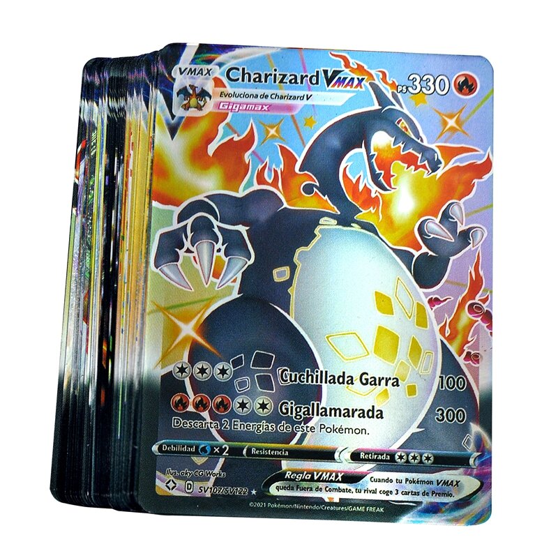 Espanhol versão pokemon 100 v 50 vmax brilhando cartas jogo batalha carte negociação crianças brinquedo
