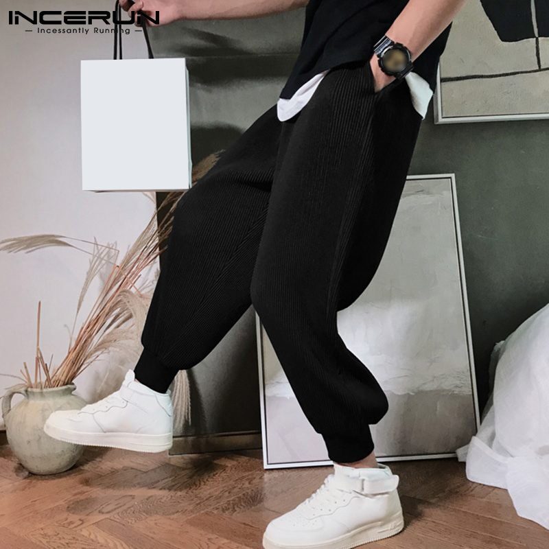 INCERUN-Pantalones plisados de pierna ancha para hombre, pantalón largo, ajustado y fino, Color sólido, S-5XL, 2021