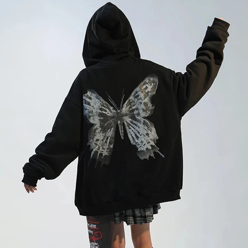 ใหม่ Y2k ความงาม Hip Hop Hoodies ผีเสื้อพิมพ์เสื้อแจ็คเก็ต Zip-Up Goth Harajuku Grunge Punk Hip Hop Streetwear หญิง